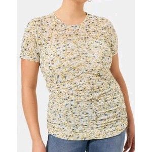 Torrid Sz 3X Plus Blue Yellow Floral Stretch Mesh Crew Neck Ruched Top Pattern